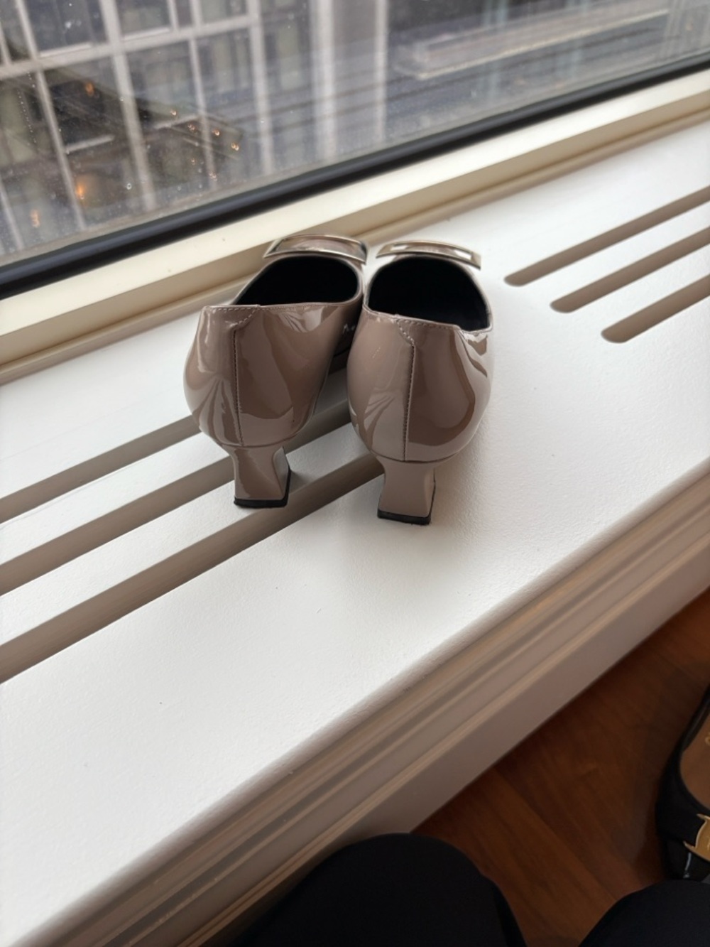 Roger Vivier Taupe Patent Square-Toe Pumps with Gold Buckles - Picture 2 of 4